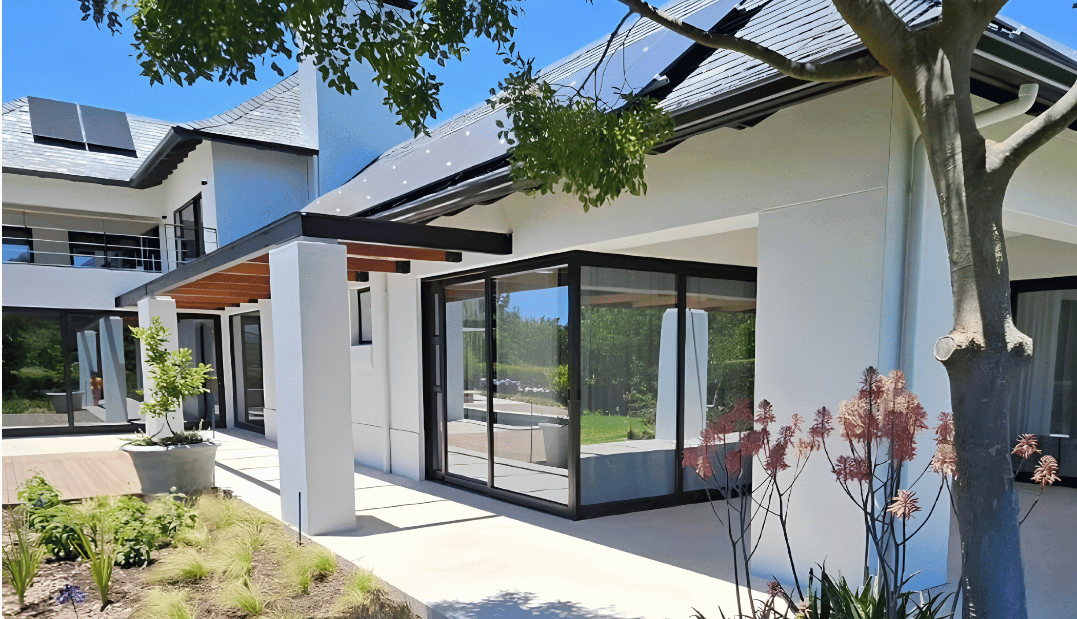 Black aluminium windows installed on modern residential property